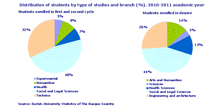 Distribution of students by type of studies and branch (%). 2010-2011 academic year