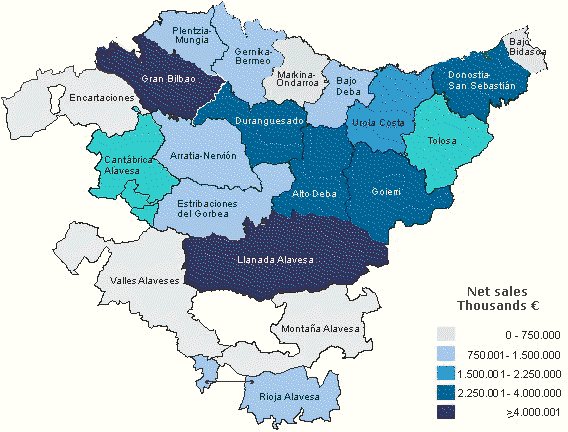 Distribution of net sales in the extraction and manufacturing industry by regions. 2011. Thousands of euros