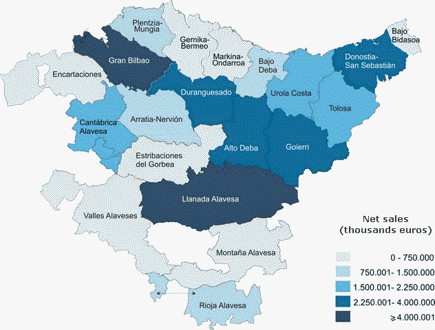 Distribution of net sales in the extraction and manufacturing industry by regions. 2012. Thousands of euros
Source: EUSTAT. Industrial Statistics of the Basque Country