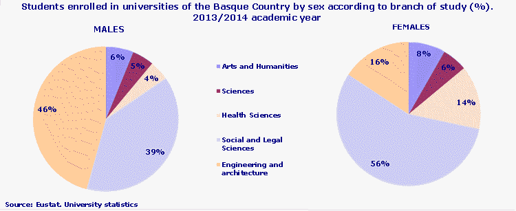 Students enrolled in universities of the Basque Country by sex according to branch of study (%). 2013/2014 academic year
Source: Eustat. University statistics
