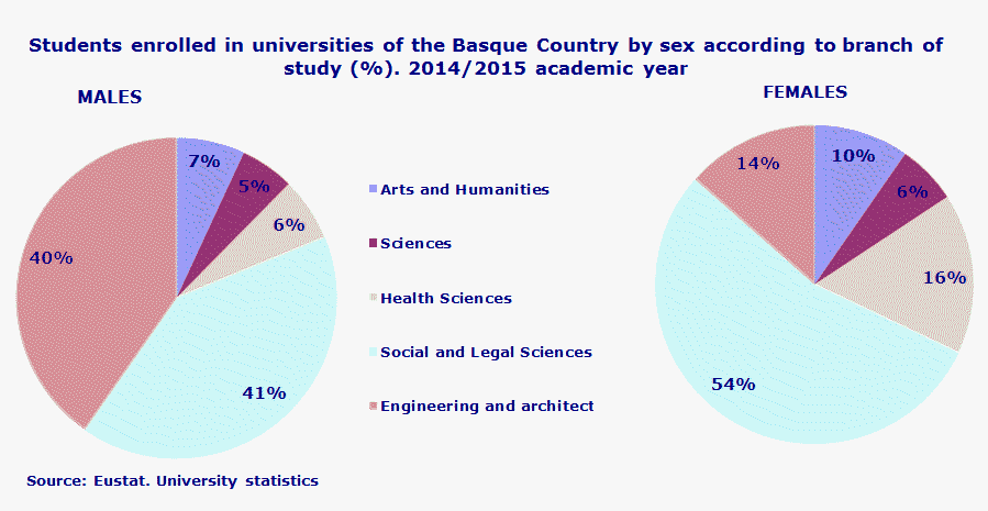 Students enrolled in universities of the Basque Country by sex according to branch of study (%). 2014/2015 academic year
Source: Eustat. University statistics