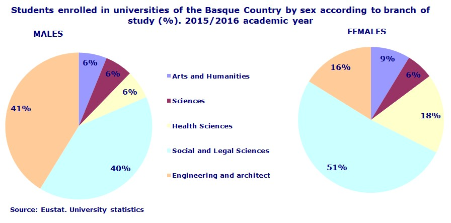 Students enrolled in universities of the Basque Country by sex according to branch of study (%). 2015/2016 academic year
Source: Eustat. University statistics

